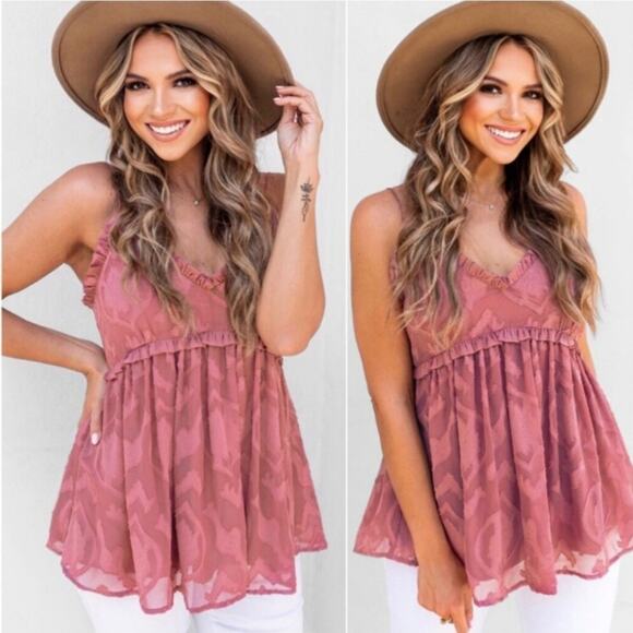 Fanco Women's Flowy Babydoll Button Back Ruffle Tank Top in Dusty Rose - Picture 16 of 16